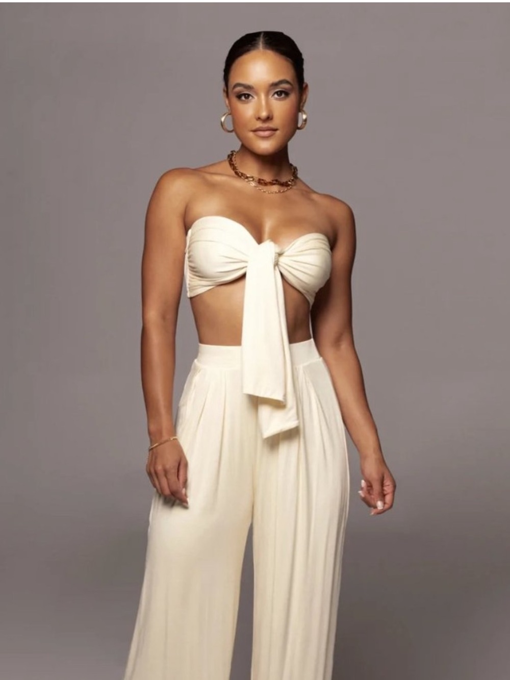 NWT JLUXLABEL small Wide-Leg pant set with Tie-Front bandeau in butter cream